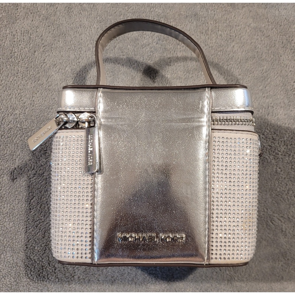 Michael Kors Sandrine Small Box Crossbody Bag Metallic Silver Rhinestone Trunk